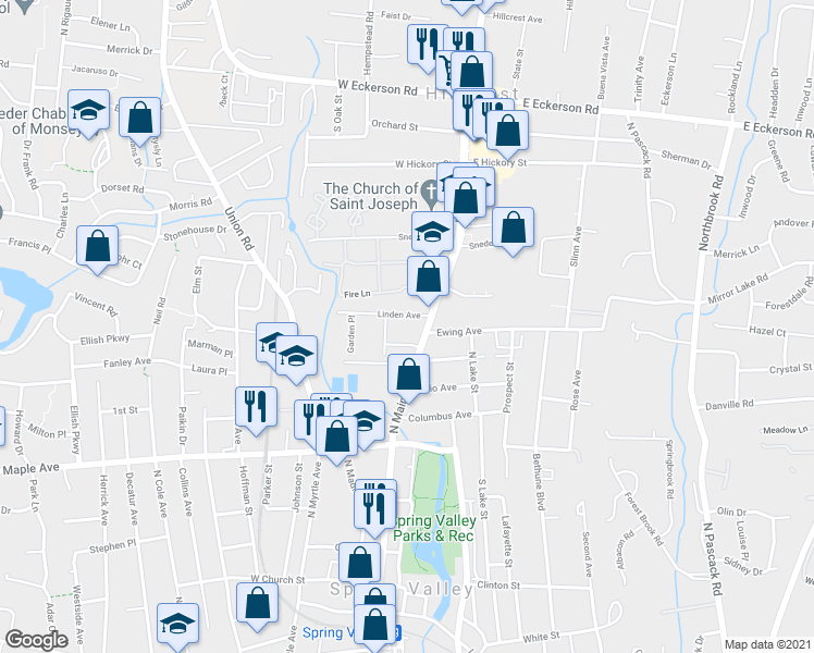 map of restaurants, bars, coffee shops, grocery stores, and more near 185 North Main Street in Spring Valley