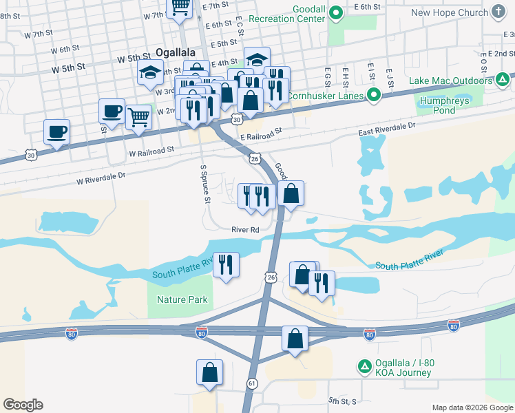 map of restaurants, bars, coffee shops, grocery stores, and more near 520-598 South Clarice Road in Ogallala