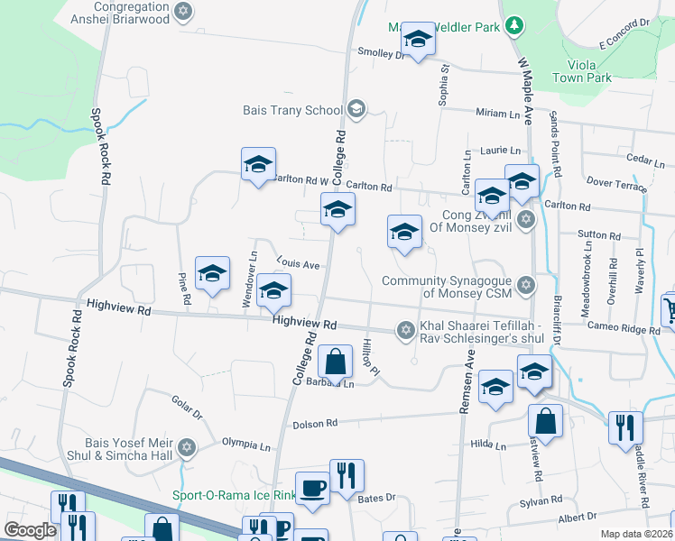 map of restaurants, bars, coffee shops, grocery stores, and more near 76 College Road in Monsey