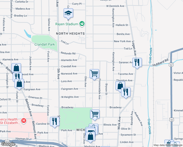 map of restaurants, bars, coffee shops, grocery stores, and more near 1530 Elm Street in Youngstown