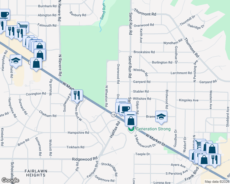 map of restaurants, bars, coffee shops, grocery stores, and more near 104 Overwood Road in Akron