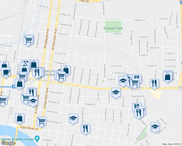 map of restaurants, bars, coffee shops, grocery stores, and more near 258 North Evergreen Avenue in Kankakee