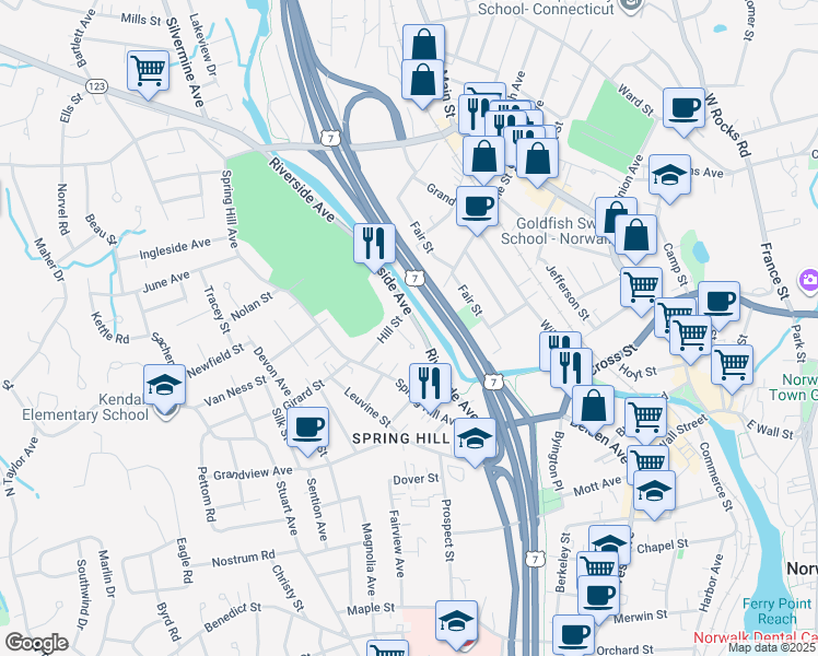 map of restaurants, bars, coffee shops, grocery stores, and more near 47 Riverside Avenue in Norwalk