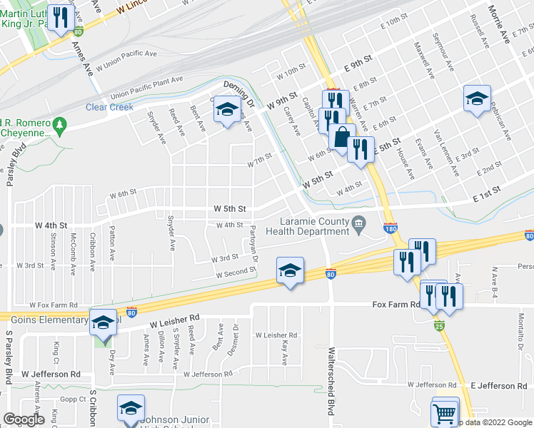 map of restaurants, bars, coffee shops, grocery stores, and more near 527 West 5th Street in Cheyenne