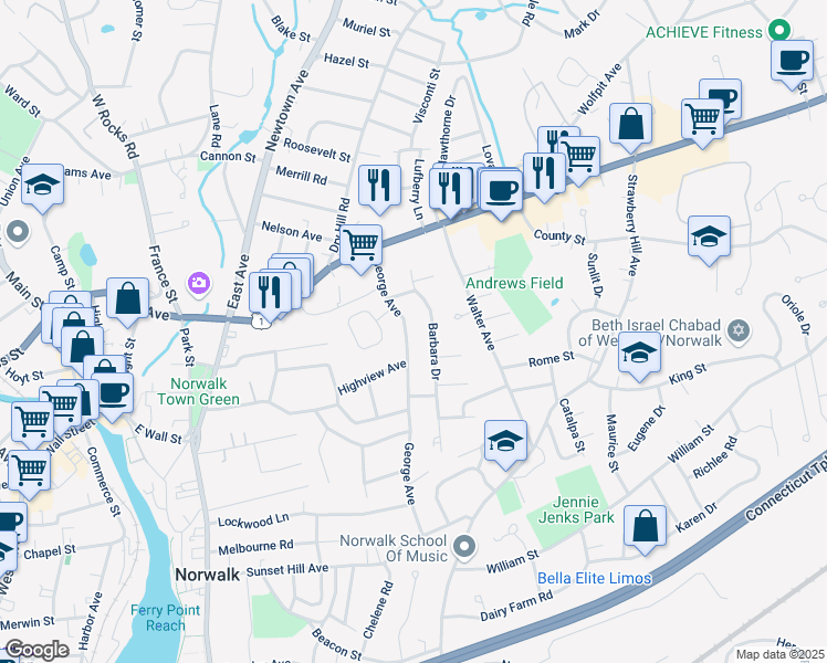 map of restaurants, bars, coffee shops, grocery stores, and more near 37 George Ave in Norwalk