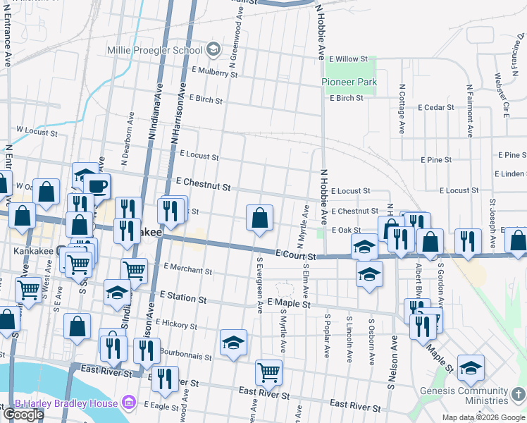 map of restaurants, bars, coffee shops, grocery stores, and more near 244 North Wildwood Avenue in Kankakee
