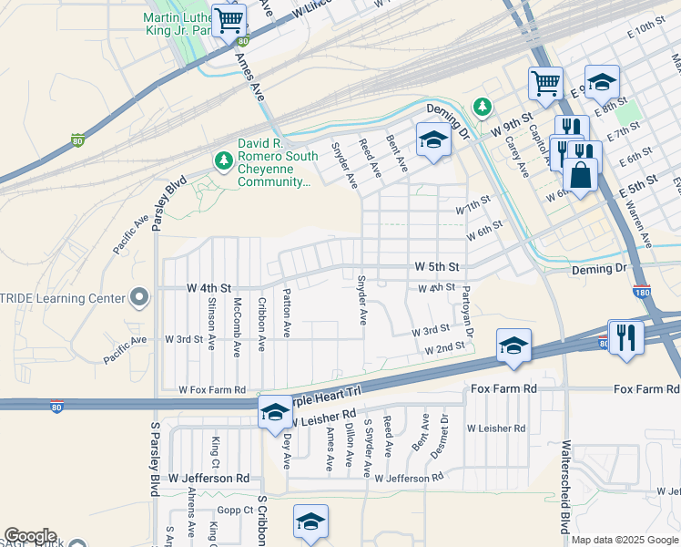 map of restaurants, bars, coffee shops, grocery stores, and more near 901-999 W 5th St in Cheyenne