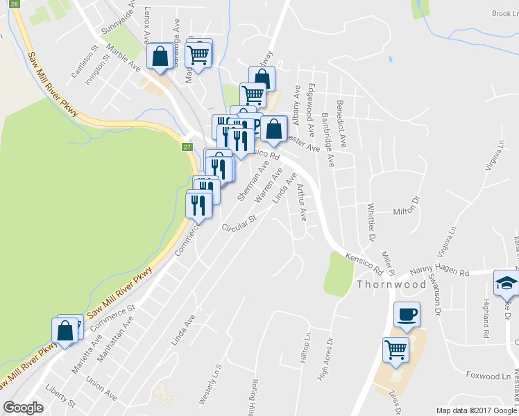 map of restaurants, bars, coffee shops, grocery stores, and more near 854 Warren Avenue in Thornwood