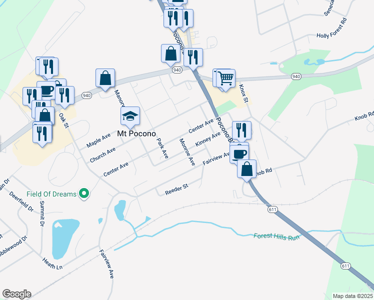 map of restaurants, bars, coffee shops, grocery stores, and more near 33 Kinney Avenue in Mount Pocono