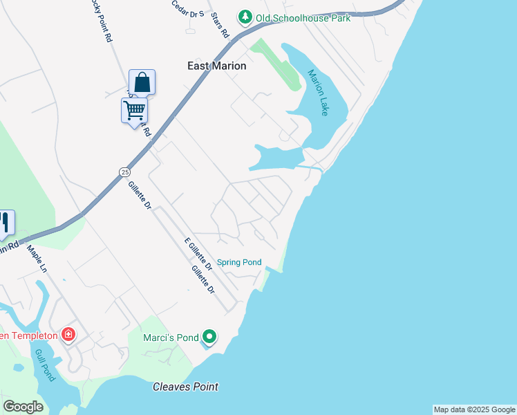 map of restaurants, bars, coffee shops, grocery stores, and more near 2055 Old Orchard Rd in East Marion