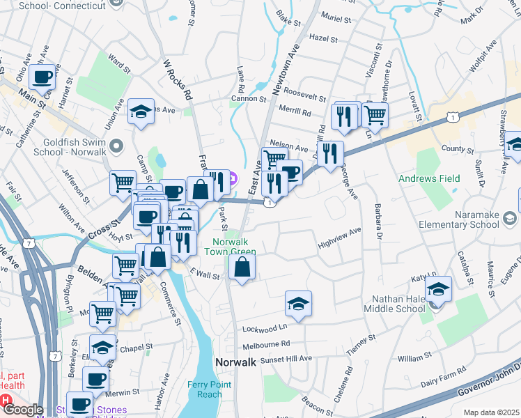 map of restaurants, bars, coffee shops, grocery stores, and more near 30 Westport Avenue in Norwalk