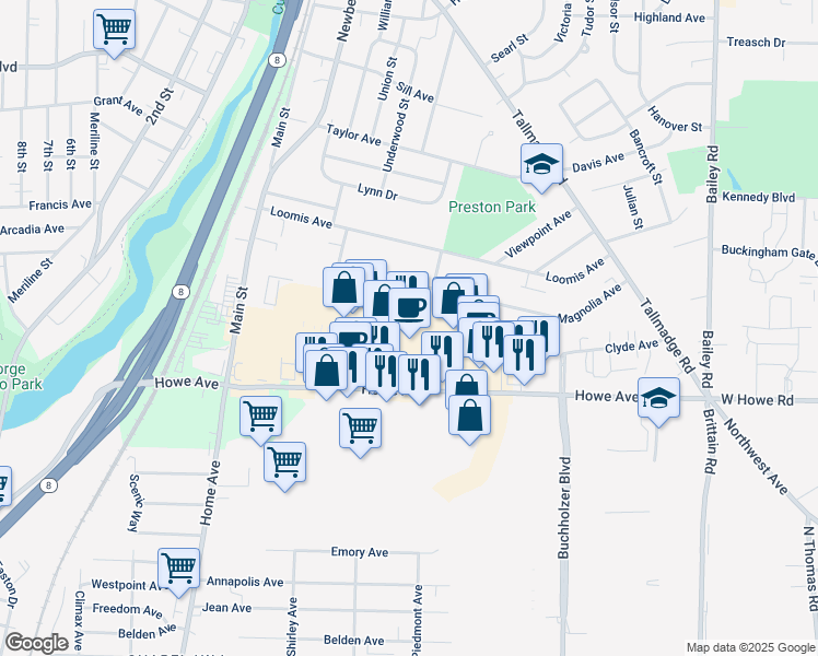 map of restaurants, bars, coffee shops, grocery stores, and more near 449 Howe Avenue in Cuyahoga Falls