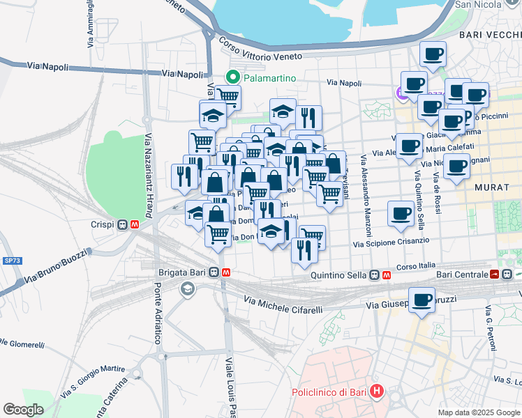 map of restaurants, bars, coffee shops, grocery stores, and more near 21 Via Monsignor Nitti Francesco in Bari