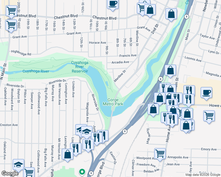 map of restaurants, bars, coffee shops, grocery stores, and more near 1298 Hillcrest Dr in Cuyahoga Falls