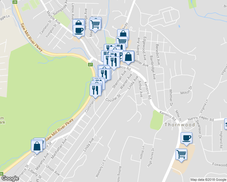 map of restaurants, bars, coffee shops, grocery stores, and more near 840 Sherman Avenue in Thornwood