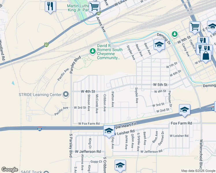 map of restaurants, bars, coffee shops, grocery stores, and more near 500-598 Patton Ave in Cheyenne