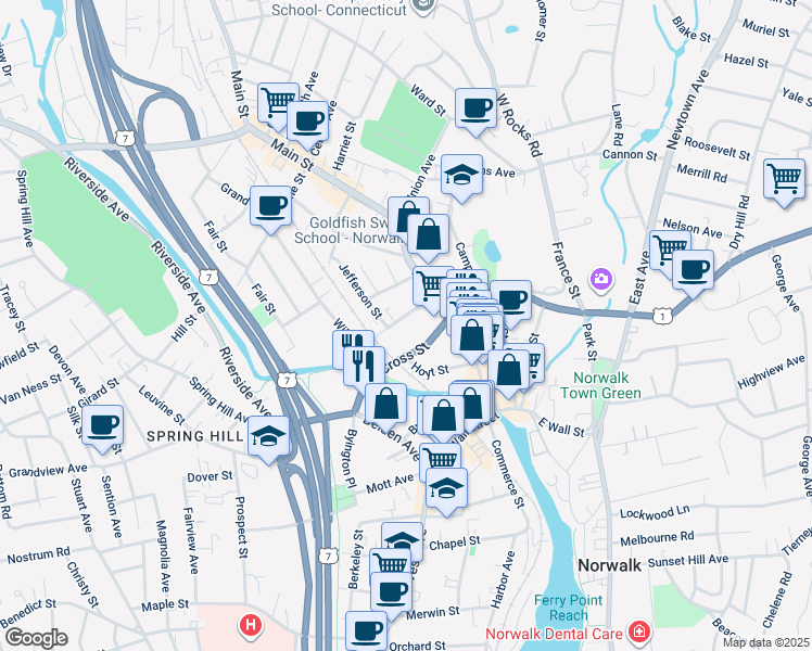 map of restaurants, bars, coffee shops, grocery stores, and more near 20 School Street in Norwalk