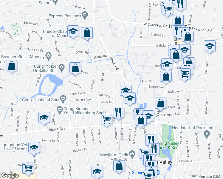 map of restaurants, bars, coffee shops, grocery stores, and more near 27 Franka Place in Spring Valley