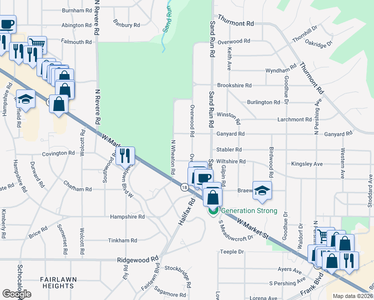 map of restaurants, bars, coffee shops, grocery stores, and more near 104 Overwood Road in Akron