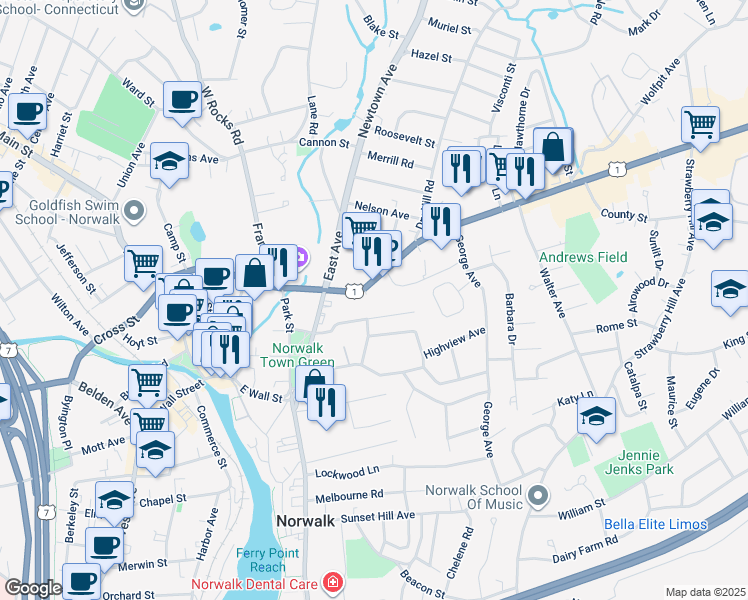 map of restaurants, bars, coffee shops, grocery stores, and more near 33 Parkhill Avenue in Norwalk