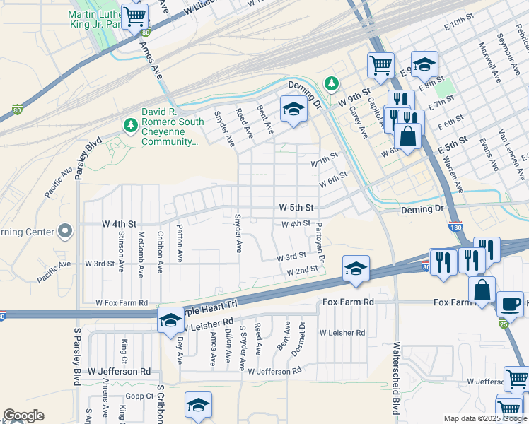 map of restaurants, bars, coffee shops, grocery stores, and more near 709 West 5th Street in Cheyenne