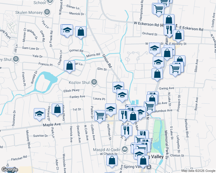 map of restaurants, bars, coffee shops, grocery stores, and more near 9 Franka Place in Spring Valley