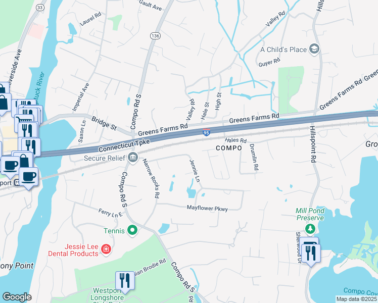 map of restaurants, bars, coffee shops, grocery stores, and more near 19 Jennie Lane in Westport