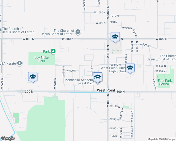 map of restaurants, bars, coffee shops, grocery stores, and more near 3195 W 525 N in West Point