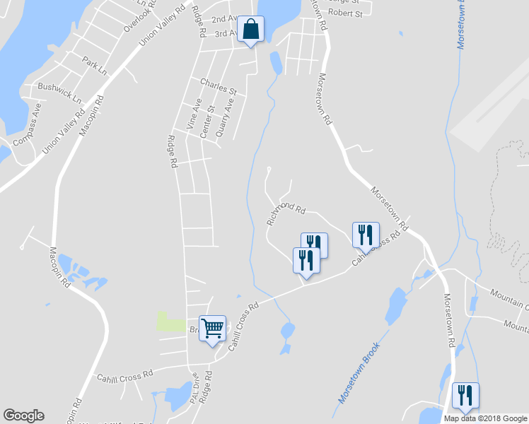 map of restaurants, bars, coffee shops, grocery stores, and more near 5313 Richmond Road in West Milford