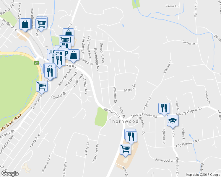 map of restaurants, bars, coffee shops, grocery stores, and more near 225 Westchester Avenue in Thornwood
