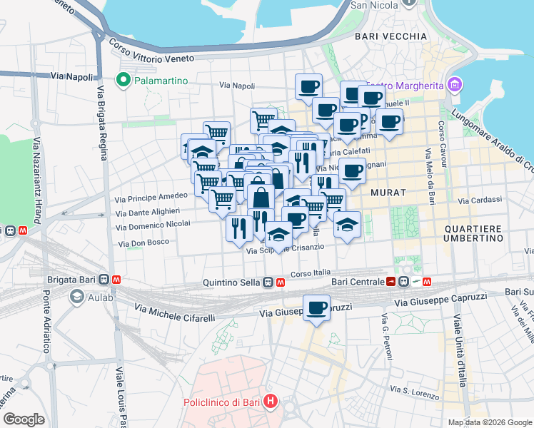 map of restaurants, bars, coffee shops, grocery stores, and more near 211 Via Domenico Nicolai in Bari