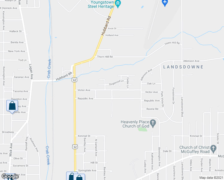 map of restaurants, bars, coffee shops, grocery stores, and more near 1401 Victor Avenue in Youngstown