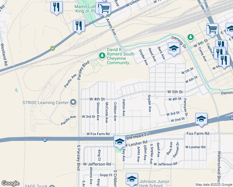 map of restaurants, bars, coffee shops, grocery stores, and more near 500-598 Patton Ave in Cheyenne