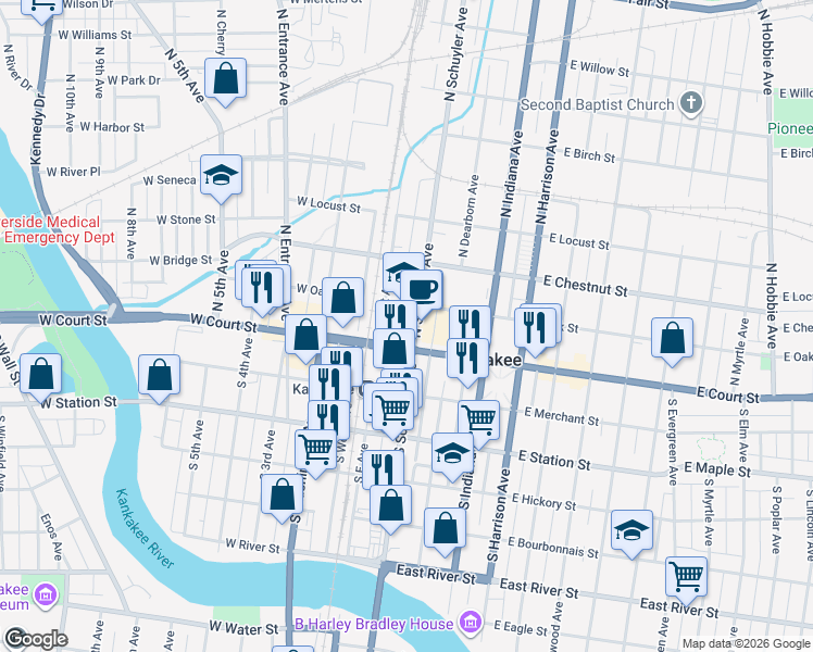 map of restaurants, bars, coffee shops, grocery stores, and more near 151 North Schuyler Avenue in Kankakee