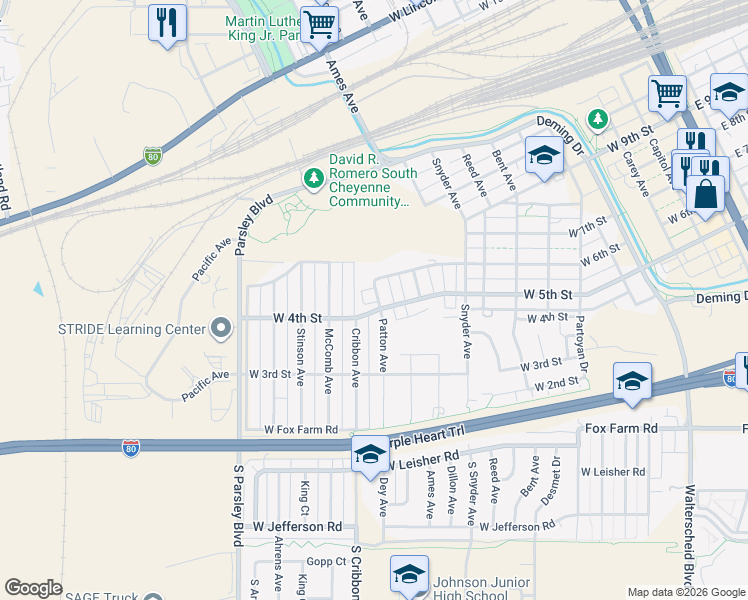 map of restaurants, bars, coffee shops, grocery stores, and more near 500-598 Patton Ave in Cheyenne