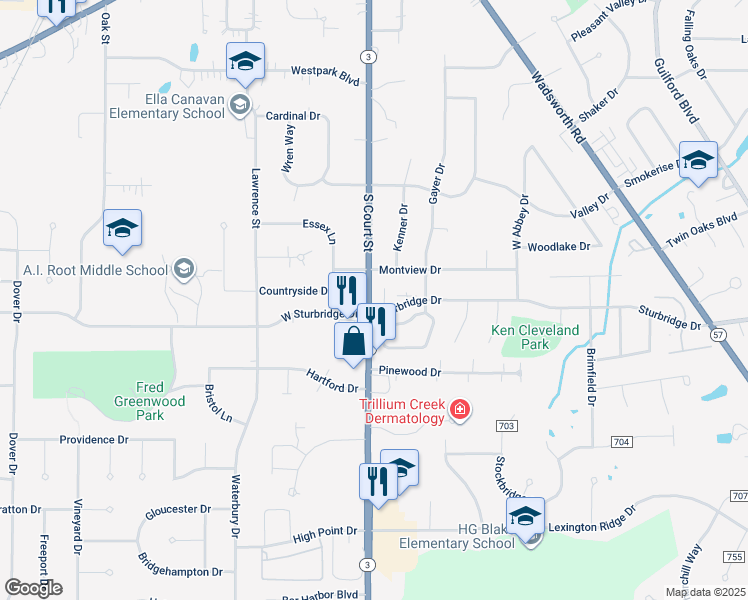 map of restaurants, bars, coffee shops, grocery stores, and more near 1022 South Court Street in Medina