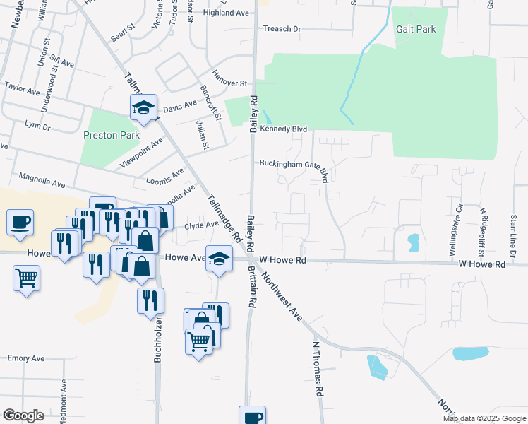 map of restaurants, bars, coffee shops, grocery stores, and more near 1281 Bailey Road in Cuyahoga Falls