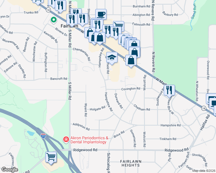 map of restaurants, bars, coffee shops, grocery stores, and more near 550 Hampshire Road in Akron