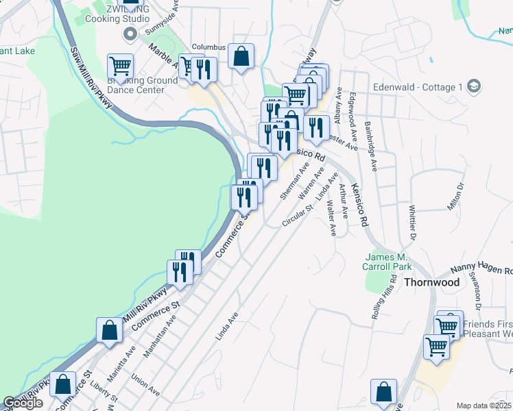 map of restaurants, bars, coffee shops, grocery stores, and more near 822 Commerce Street in Thornwood