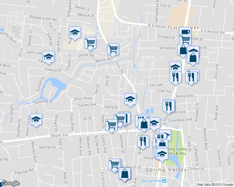 map of restaurants, bars, coffee shops, grocery stores, and more near 27 Franka Place in Spring Valley