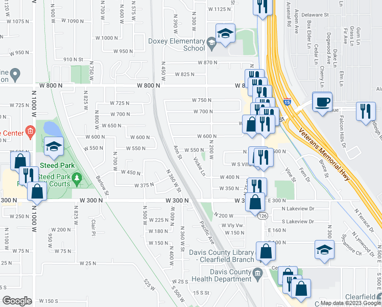 map of restaurants, bars, coffee shops, grocery stores, and more near 522 Vickie Lane in Clearfield