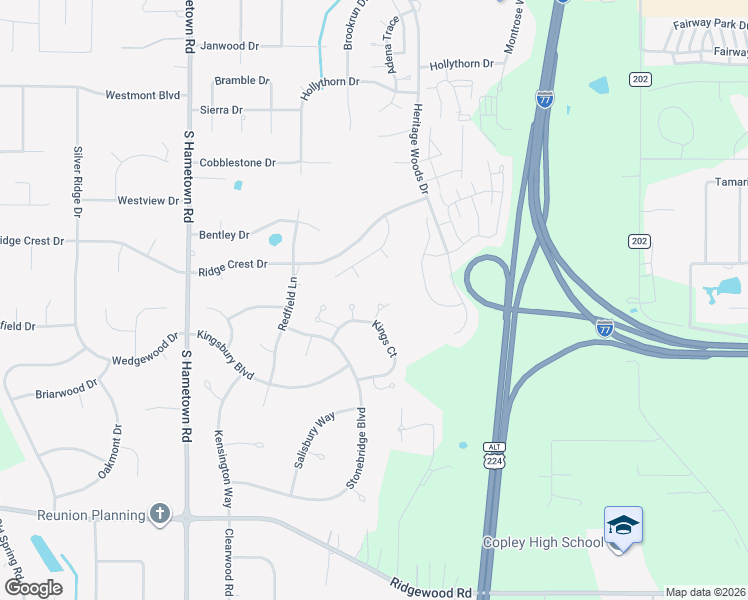 map of restaurants, bars, coffee shops, grocery stores, and more near 542 Queens Court in Akron