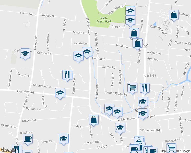 map of restaurants, bars, coffee shops, grocery stores, and more near 46 Briarcliff Drive in Monsey