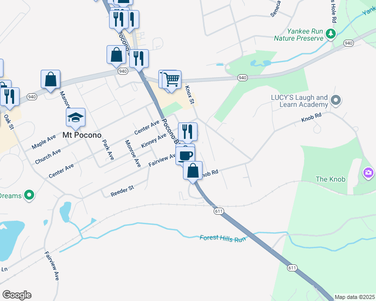 map of restaurants, bars, coffee shops, grocery stores, and more near 110 Pocono Boulevard in Mount Pocono
