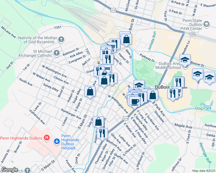 map of restaurants, bars, coffee shops, grocery stores, and more near 311 West Long Avenue in DuBois