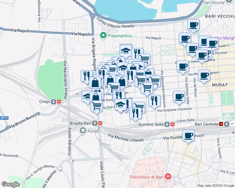 map of restaurants, bars, coffee shops, grocery stores, and more near 478 Via Dante Alighieri in Bari