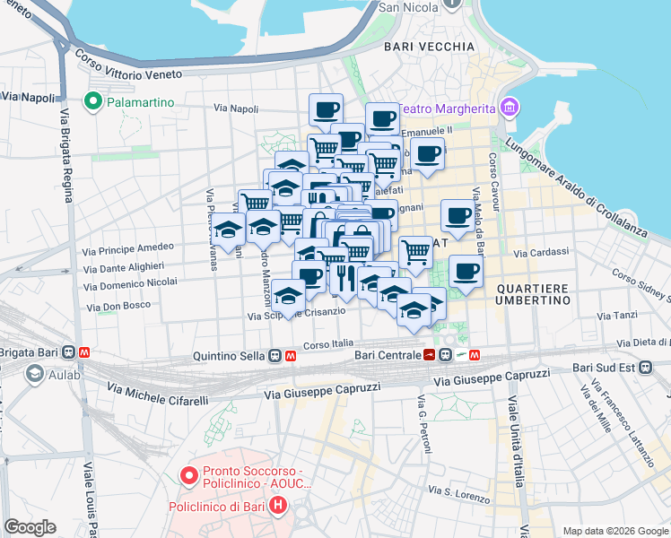 map of restaurants, bars, coffee shops, grocery stores, and more near 183 Via Quintino Sella in Bari