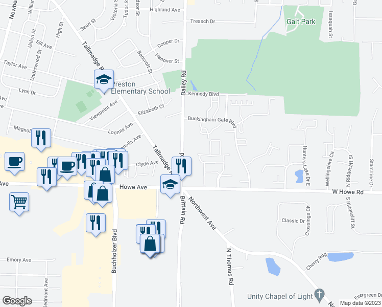 map of restaurants, bars, coffee shops, grocery stores, and more near 1277 Bailey Road in Cuyahoga Falls