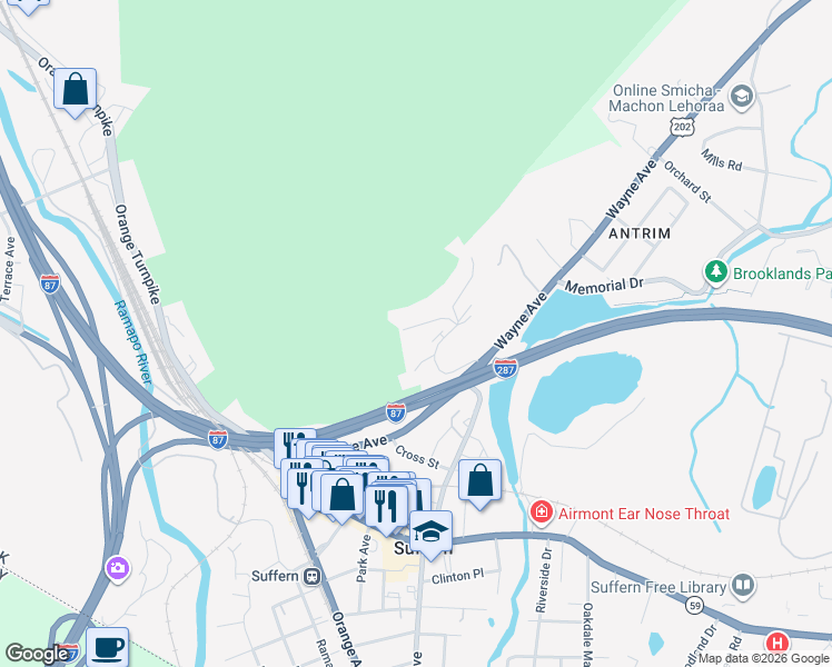 map of restaurants, bars, coffee shops, grocery stores, and more near 18 Pavilion Ridge Way in Suffern