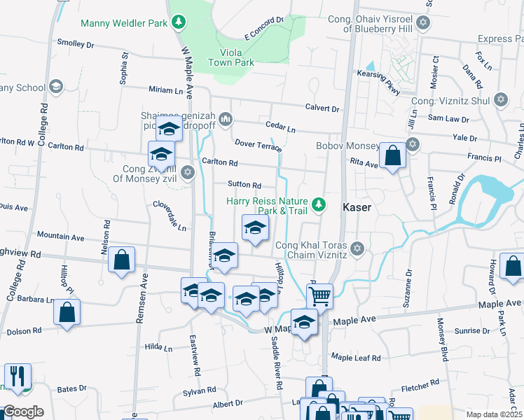 map of restaurants, bars, coffee shops, grocery stores, and more near 15 Overhill Road in Monsey